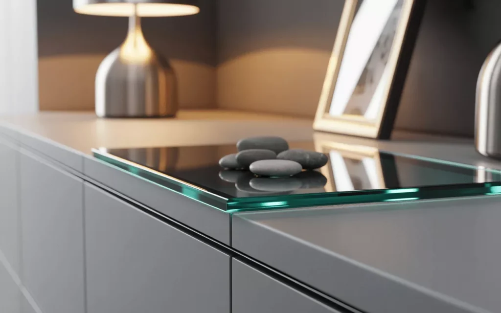 Thin 1/8-inch tempered glass used in picture frames, cabinet doors, and displays, showing clarity and lightweight design.