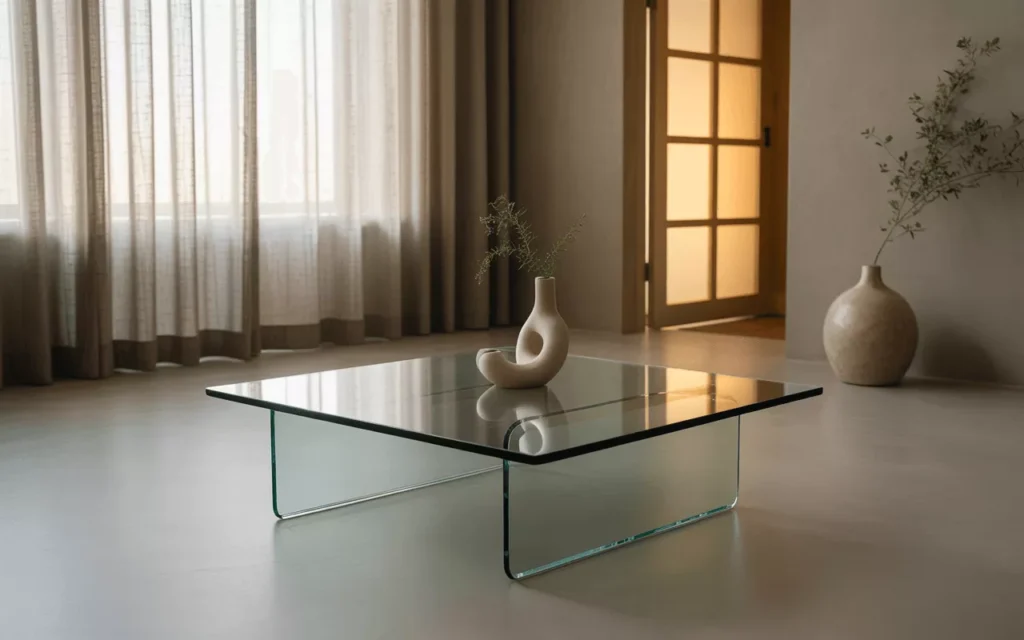 Modern living space with 1/4-inch tempered glass in tables, doors, and showers, showing strength and clear elegance.