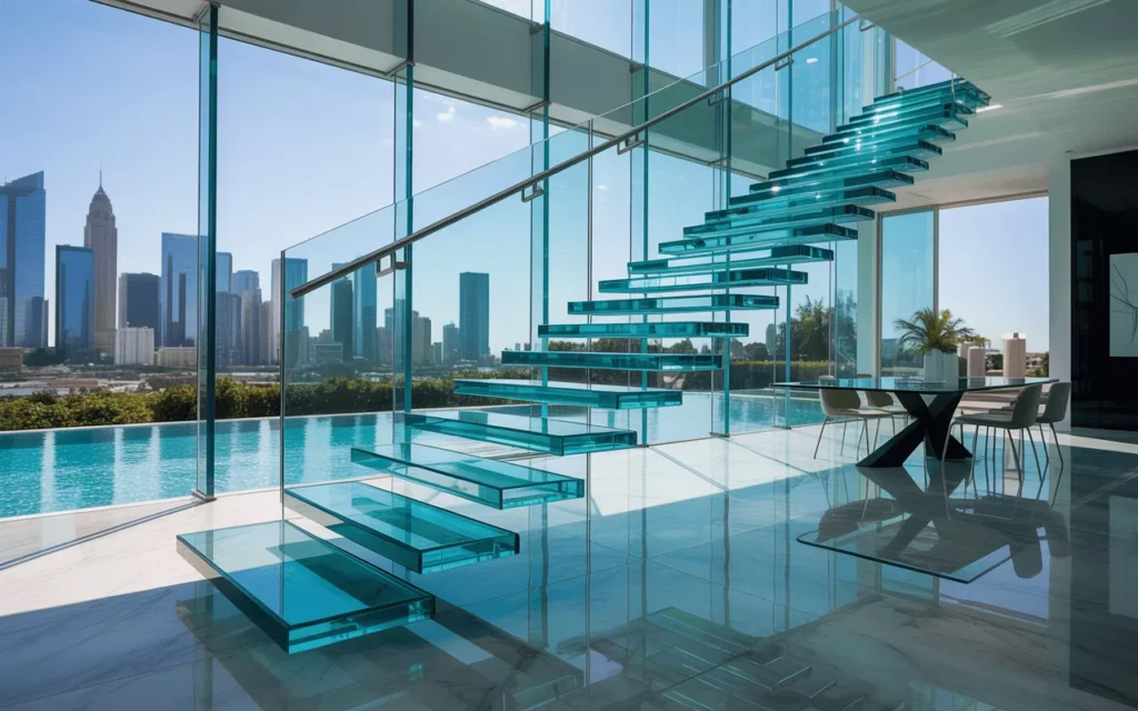 Modern architectural space with thick 3/4" tempered glass stairs, walls, and table glowing under natural city light.