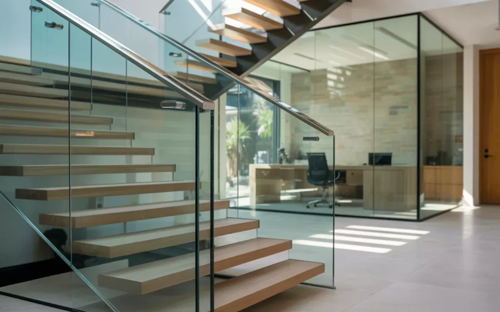 Elegant modern interior featuring 3/8" tempered glass shower, railings, and partitions with natural light reflections.