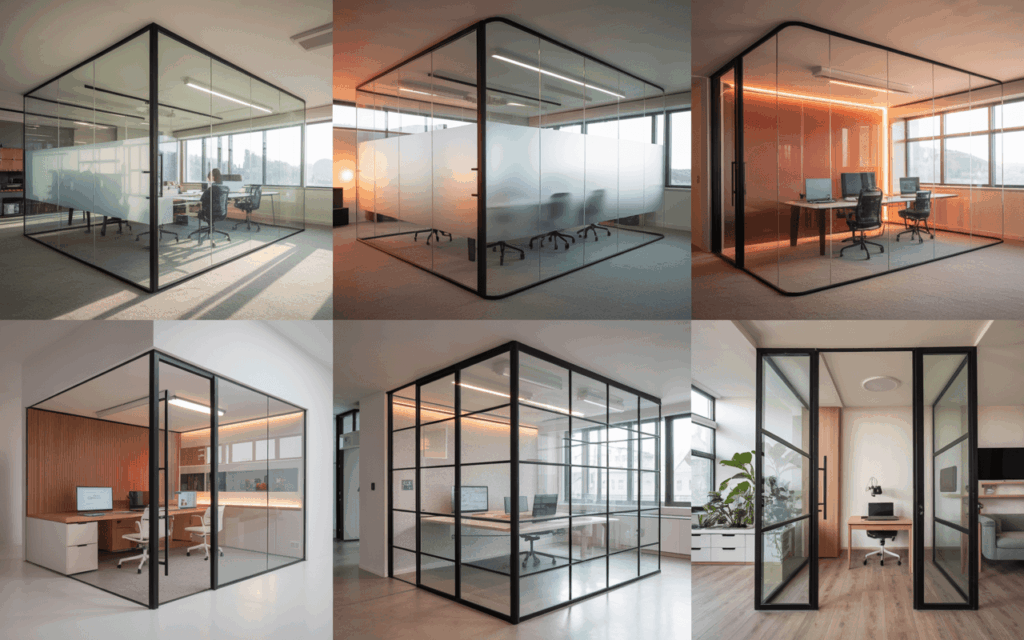 Glass partitions used in offices, meeting rooms, executive cabins, coworking hubs, and stylish modern home office setups.