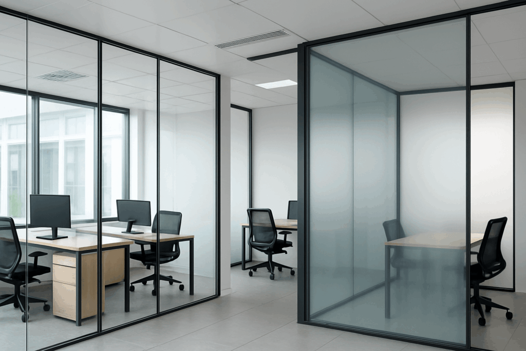 Modern office with clear, frosted, and smart glass partitions creating open, bright spaces with stylish framed divisions.