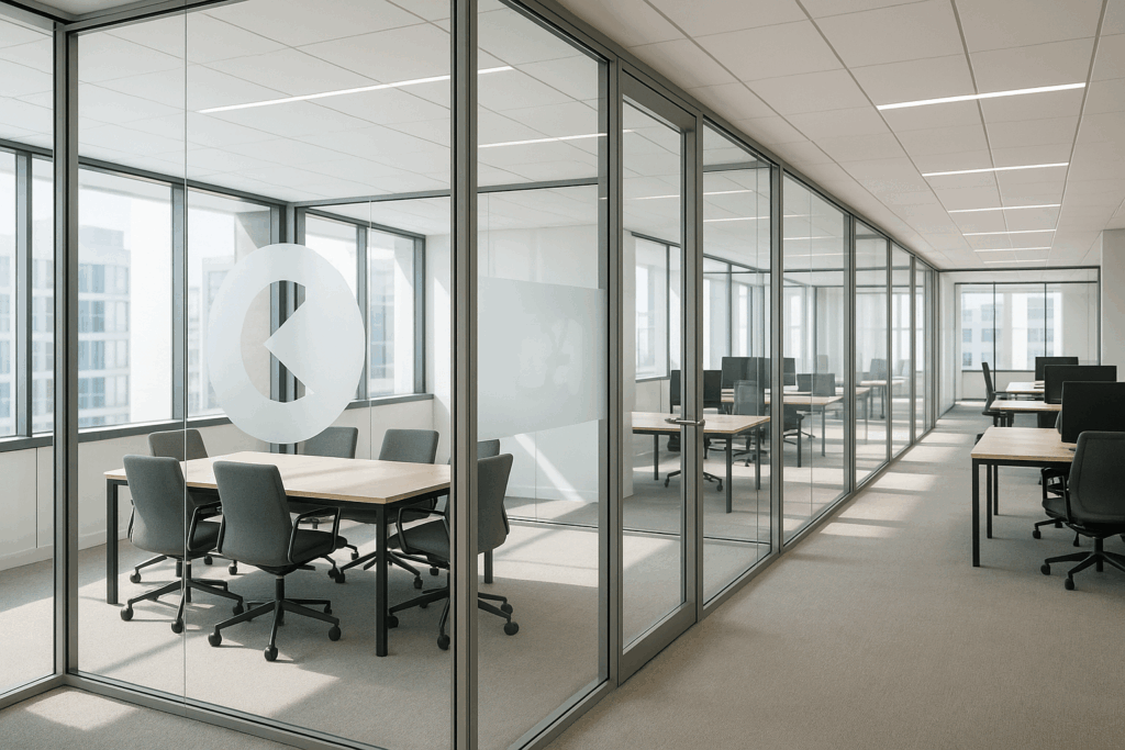 Modern office with glass partitions showcasing natural light, flexible layout, soundproof rooms, and branded frosted panels.