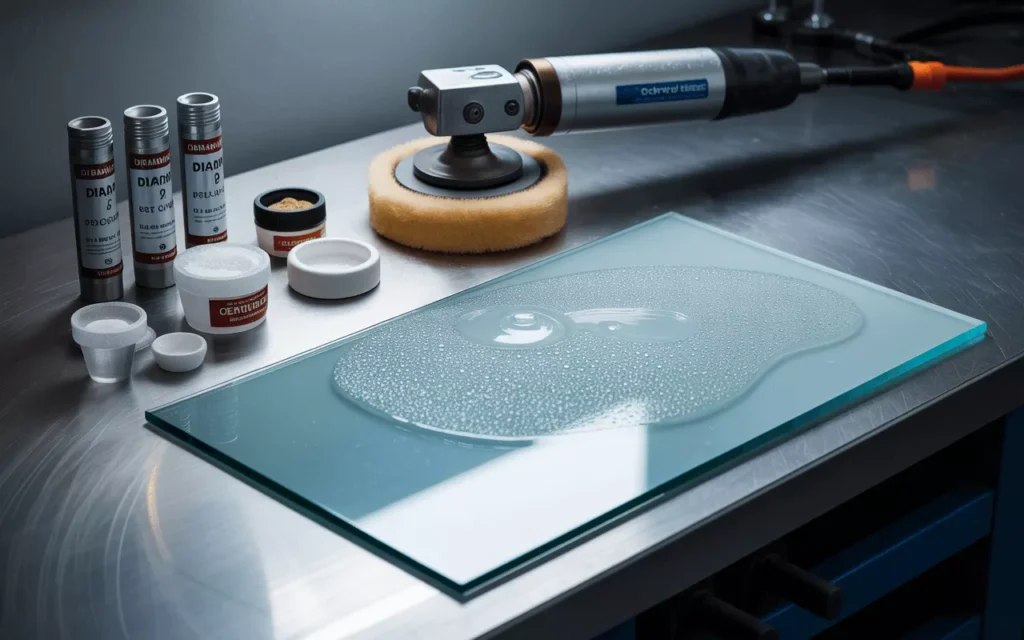 Cerium oxide, diamond paste, and felt pads arranged for glass polishing, showing tools and wet surface restoration setup.