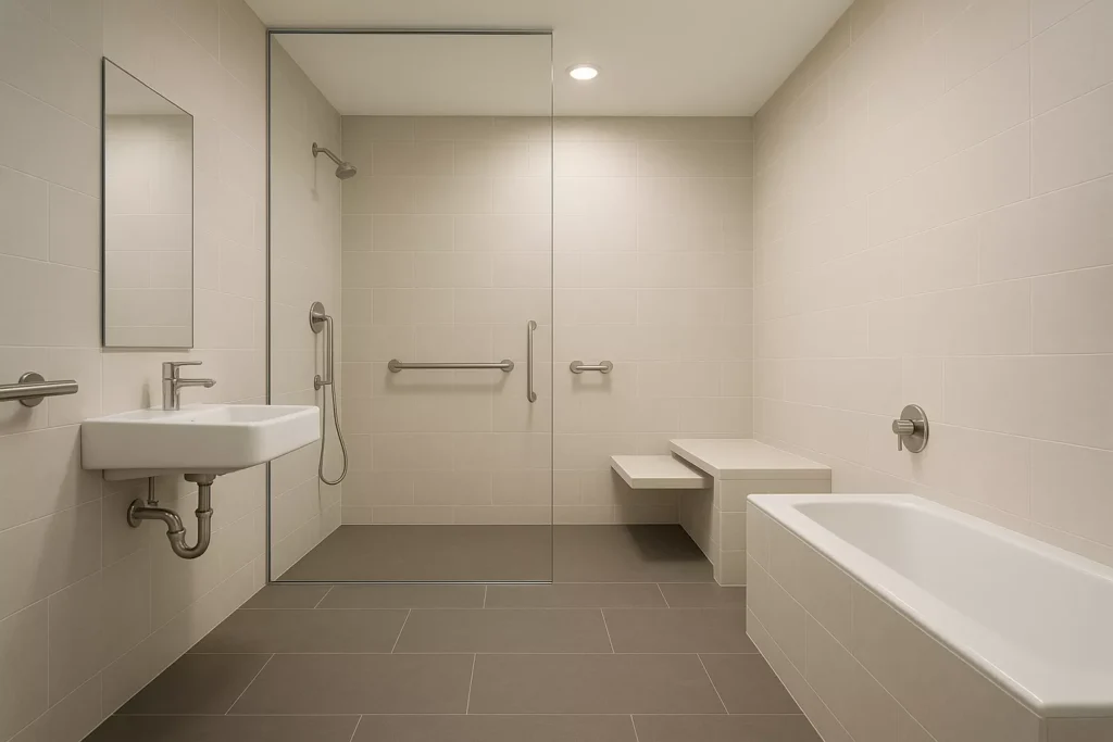 Accessible bathroom with zero-threshold shower, glass wall, ADA bench, light walls, and dark slip-resistant floor.