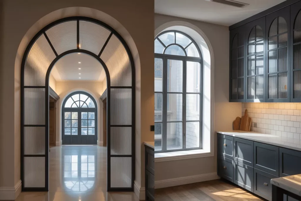 Arch side tempered glass flanking doors, windows, and cabinets adds symmetry, elegance, and classical architectural style.