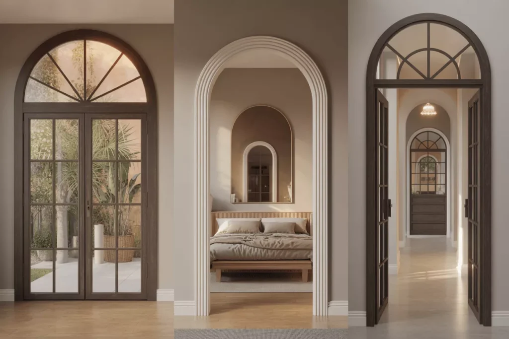 Arch tempered glass in windows, French doors, mirrors, and transoms adds elegance, depth, and timeless Mediterranean charm