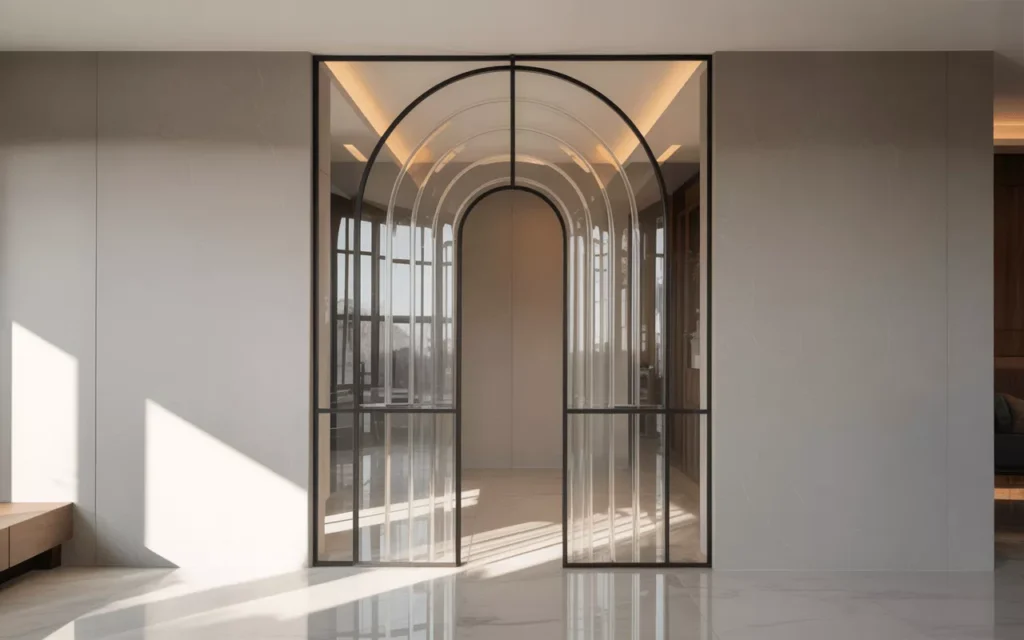 Elegant arch top and bottom tempered glass partition with curved edges in a modern luxury interior setting.