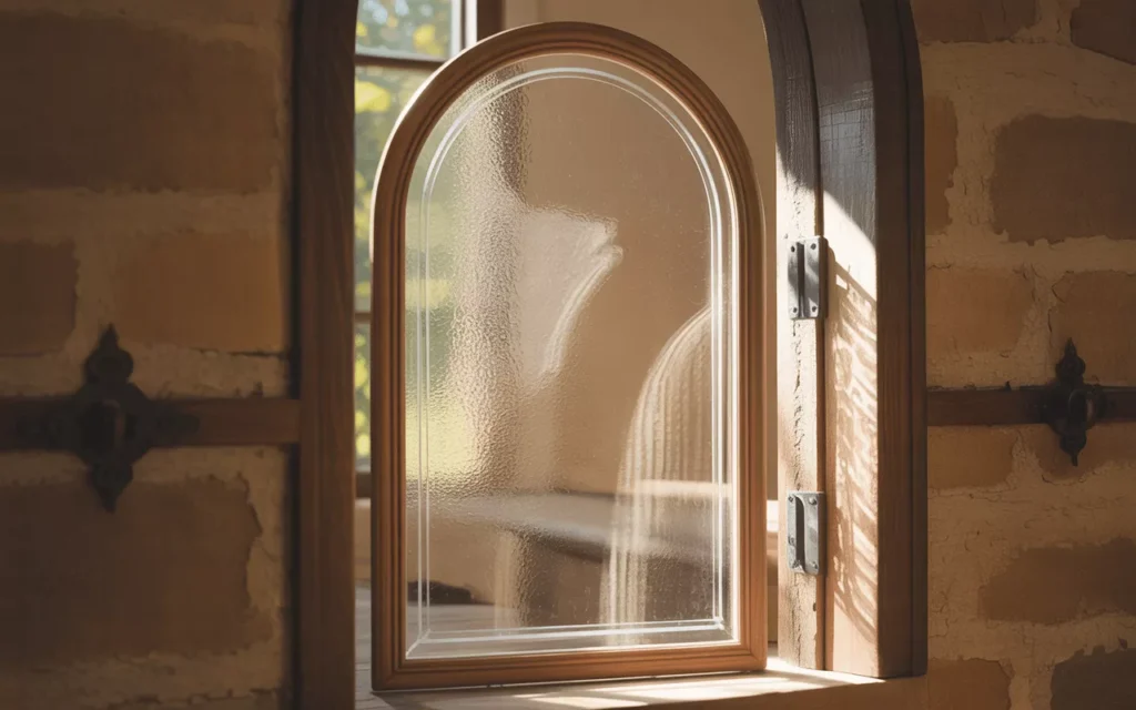 Elegant arch top tempered glass panel with a curved top and flat bottom, framed in warm wood and softly lit by natural light.