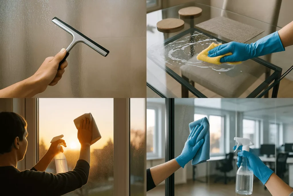 Split-scene of shower door, glass table, window, and office partition being cleaned with proper methods and tools.