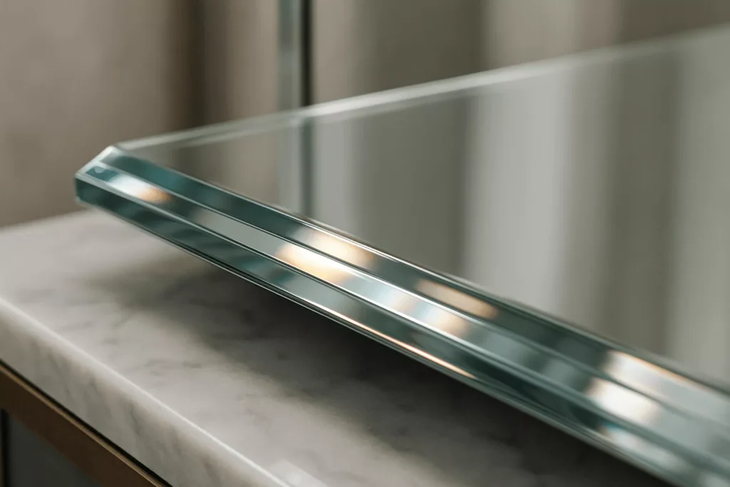 Close-up of beveled glass edges refracting soft light on a modern mirror or table, highlighting elegance and craftsmanship.