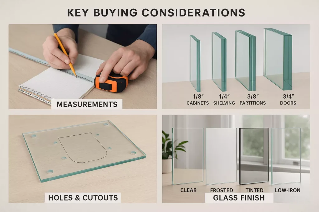 Collage showing custom glass buying tips: measuring, thickness options, cutouts for hardware, and finish samples.