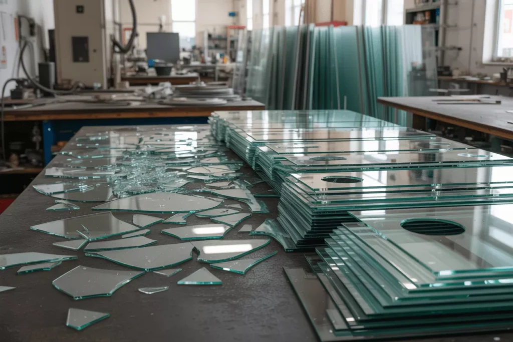 Shattered tempered glass from cutting attempt beside neatly stacked pre-cut panels with holes and shapes ready for tempering.