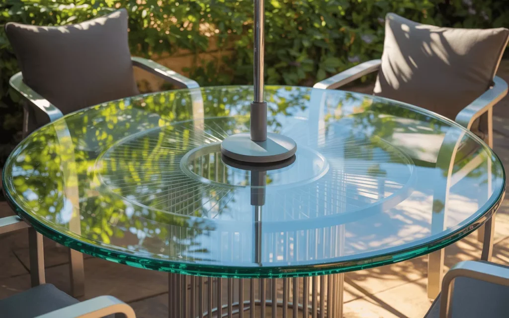 Outdoor patio scene with round tempered glass table featuring a center umbrella hole for shade and modern appeal.
