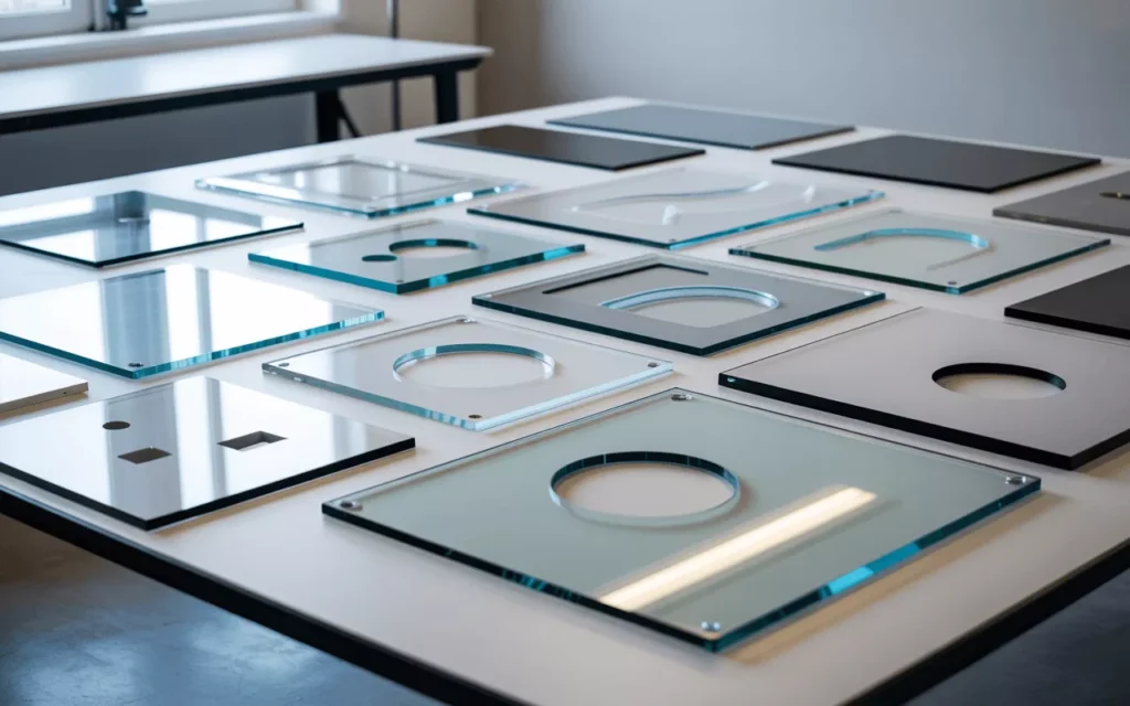 Various panels displayed in a workshop showing edges, holes, and corners to help customers order custom cut glass.