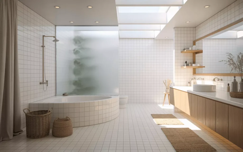 Bright white coastal bathroom with frosted glass, oak accents, jute mat, and soft natural light from skylight.