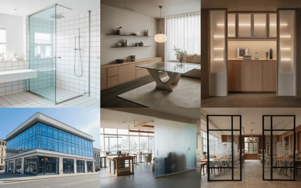 Realistic scenes showing homes and offices featuring custom tempered glass windows, doors, dividers, and furniture.