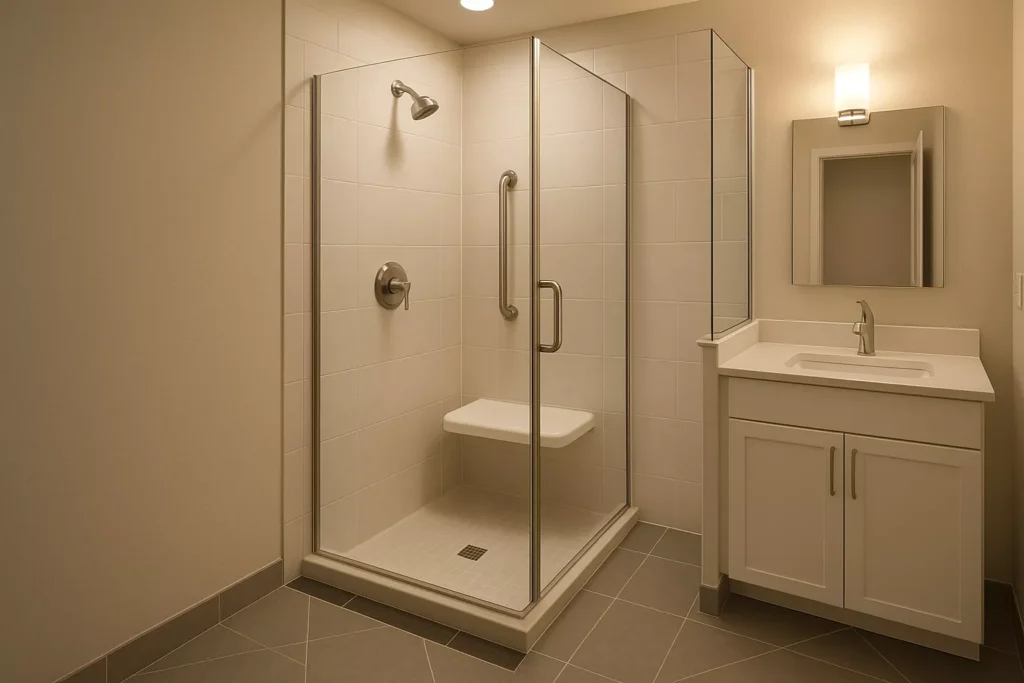 Compact ADA corner bath with seat, grab bar, clear glass panel, contrasting floor tiles, and warm task lighting.