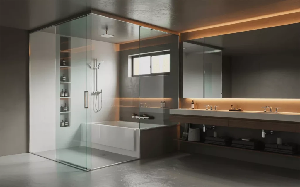 Modern compact bathroom with glass door, gray walls, concrete floor, walk-in tub, and warm LED vanity lighting.