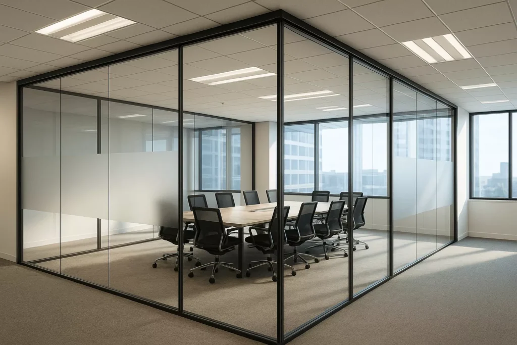 Modern conference room enclosed with tempered glass walls, featuring frosted panels for privacy and natural light.