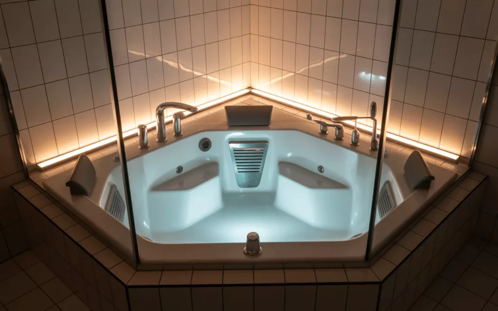 Corner spa tub with twin seats, glass enclosure, beige tiles, LED lighting, and satin-nickel fixtures for two-person comfort.