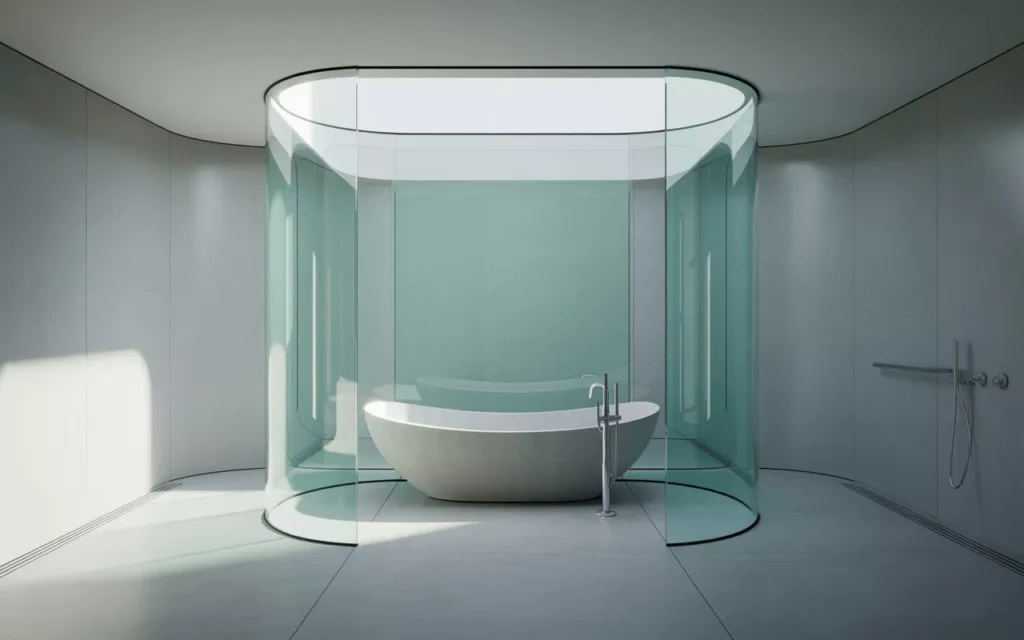 Minimal wet-room with curved glass partition, walk-in tub, seamless concrete floor, and soft natural daylight.