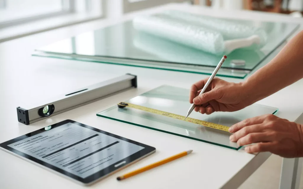 Hands measuring glass samples with tools and laptop nearby while preparing to order custom tempered glass safely.
