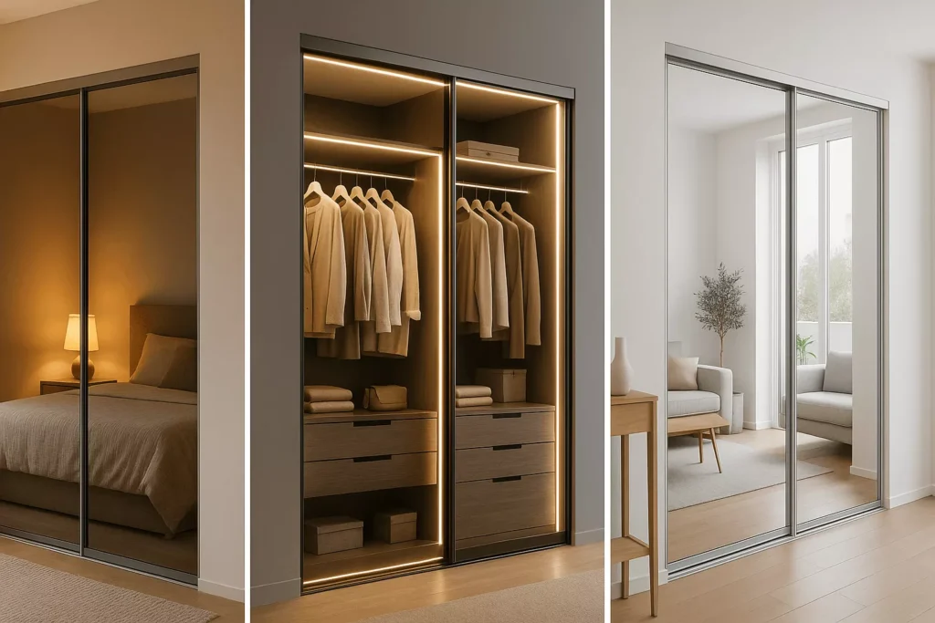 Sliding mirror closet doors in bedroom, walk-in closet, and hallway settings, enhancing space, light, and modern style.