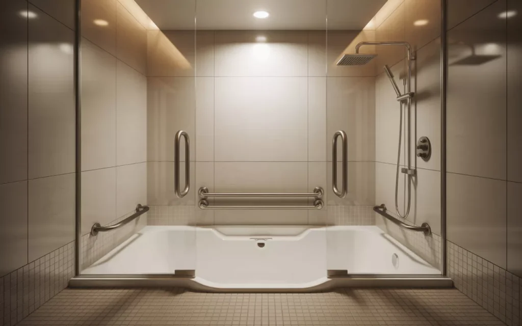 Senior-safe bathroom with low threshold tub, grab bars, clear glass, non-slip floor, and warm neutral lighting.
