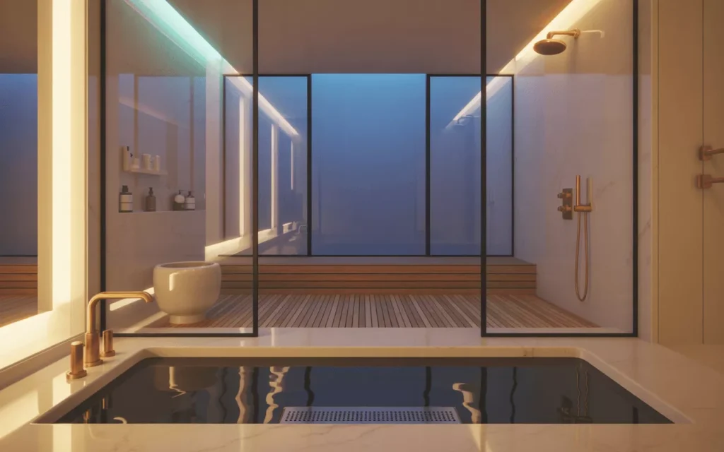 Modern steam bath with walk-in tub, glass enclosure, built-in bench, LED mood lighting, and vapor-tight panels.