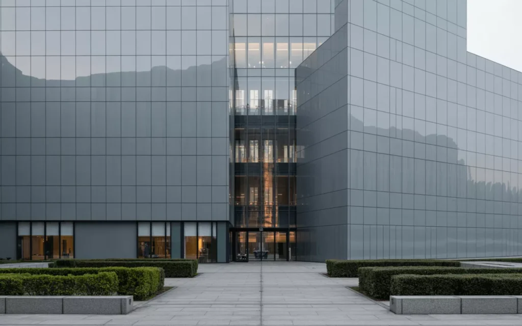ECL Tint Grey tempered glass façade with sleek grey panels showing energy efficiency and modern architectural refinement.