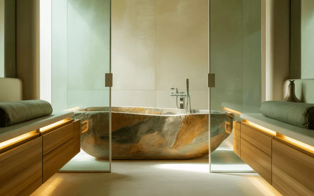Eco-luxury bathroom with stone composite tub, bamboo cabinets, clear glass panels, and soft natural lime-wash walls.