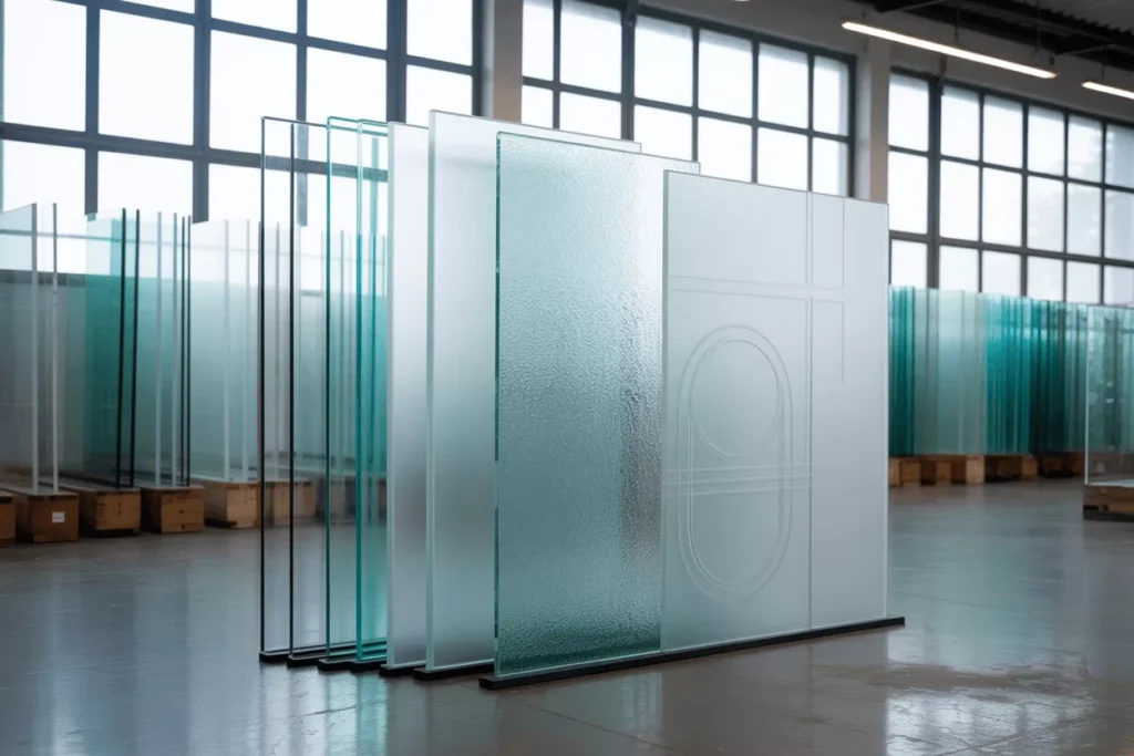 Tempered glass panels in various thicknesses with polished and beveled edges, cutouts, and crated sheets for shipping.