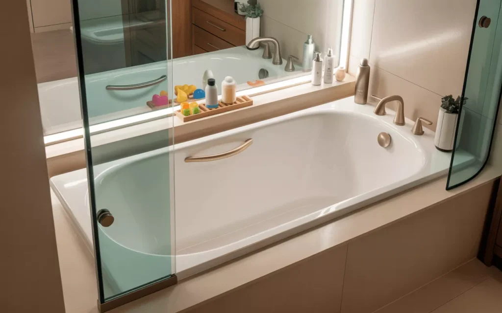 Family bathroom with 60-inch tub, glass shield, brushed steel hardware, neutral tones, and wide storage ledge.