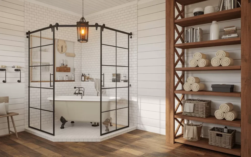 Farmhouse bathroom with shiplap walls, vintage tub, black iron hardware, wood shelves, and lantern pendant light.