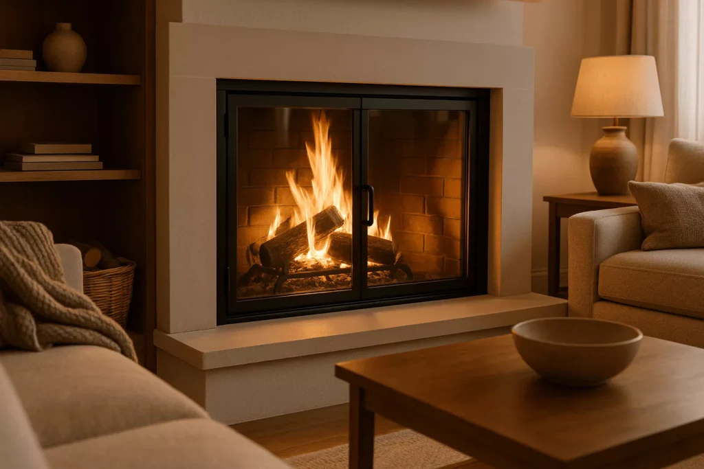 Cozy living room with a modern fireplace featuring clear tempered glass doors that safely showcase the flames.