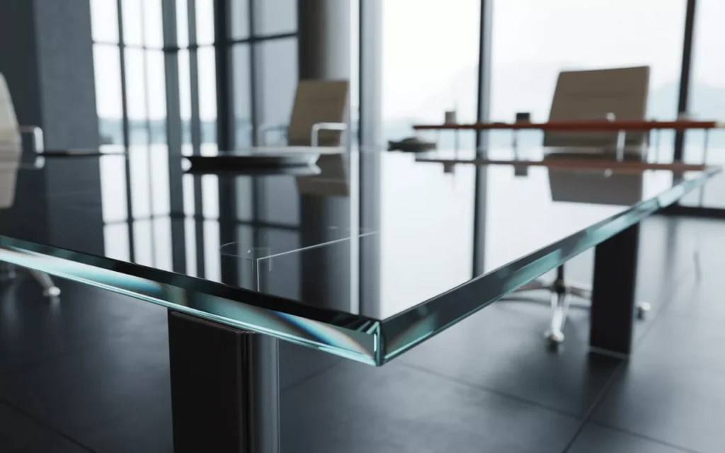 Close-up of tempered glass with flat polished edges on a modern table or door, showing precision, clarity, and strength.