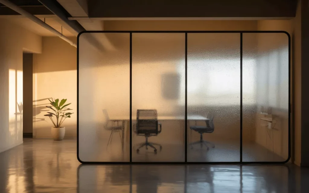 Frosted acid-etched tempered glass partitions and doors diffusing light softly in modern office and home interiors.
