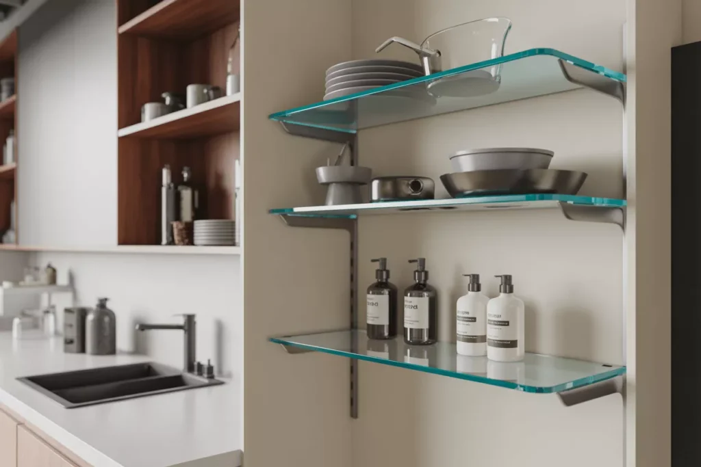 Modern kitchen and bathroom with tempered glass shelves displaying cookware and toiletries in a sleek design.