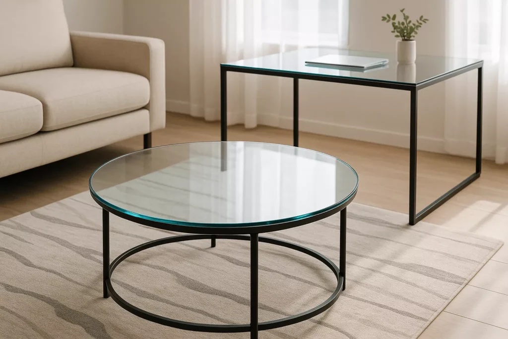 Modern interior with a round tempered glass coffee table and a sleek rectangular glass conference desk.