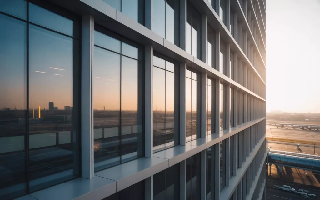 Greylite II tempered glass façade on a modern high-rise, reflecting light with deep grey tone and advanced solar control.