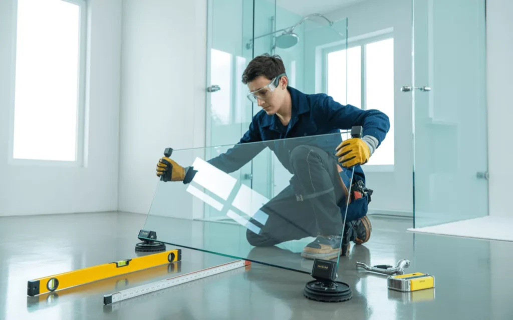Installer using suction lifters and safety gear to position a large custom tempered glass panel during installation.