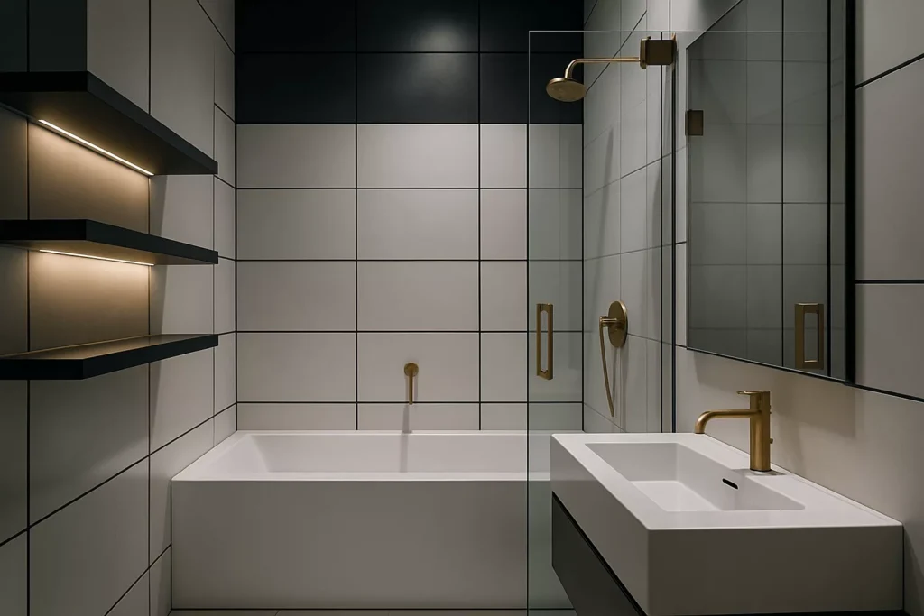 Modern luxe bathroom with white porcelain walls, black grout lines, gold fixtures, and soft LED lighting accents.