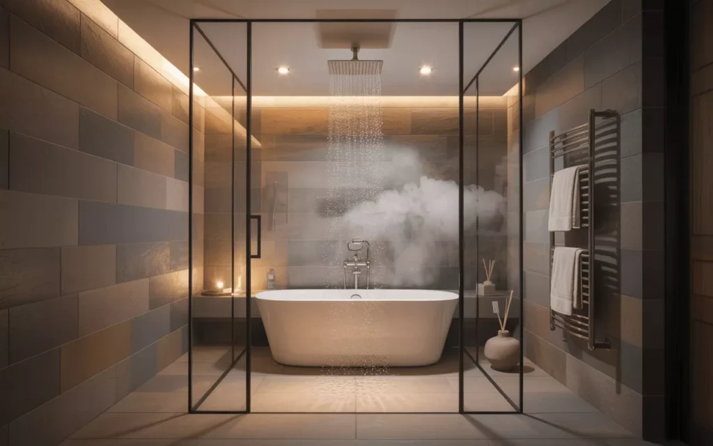 Luxury wet room with glass enclosure, freestanding tub, rainfall shower, large tiles, and soft recessed lighting.