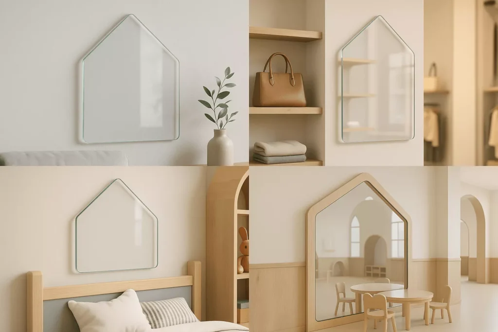 House-shaped tempered glass used in wall art, store displays, kids’ furniture, and educational spaces adds playful character.