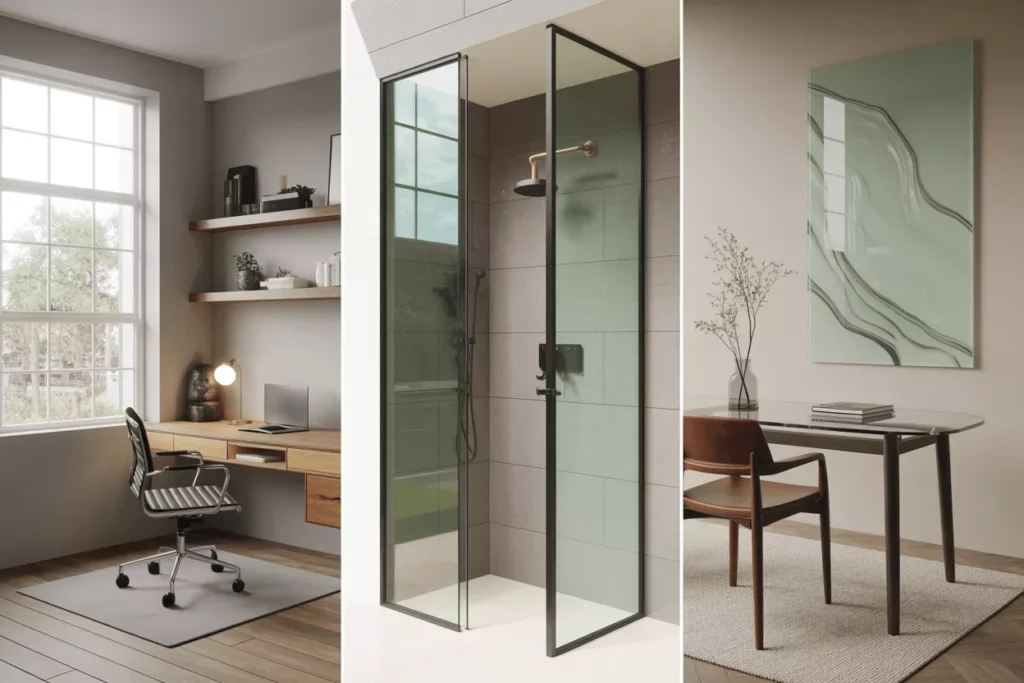 Different tempered glass uses: windows, shower doors, tables, shelves, wall art, and chair mats with proper thickness.