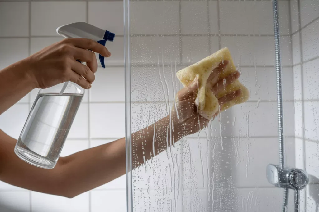Person cleaning a foggy tempered glass shower door with vinegar spray and baking soda paste for a clear finish.