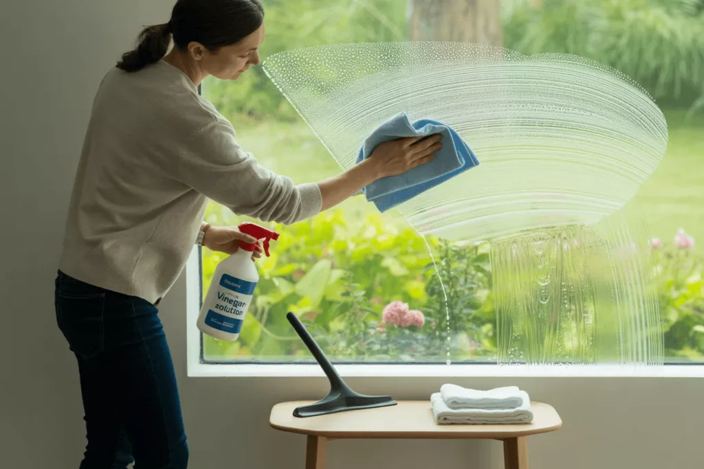 Person cleaning tempered glass with a spray bottle and microfiber cloth, leaving a clear, streak-free surface.