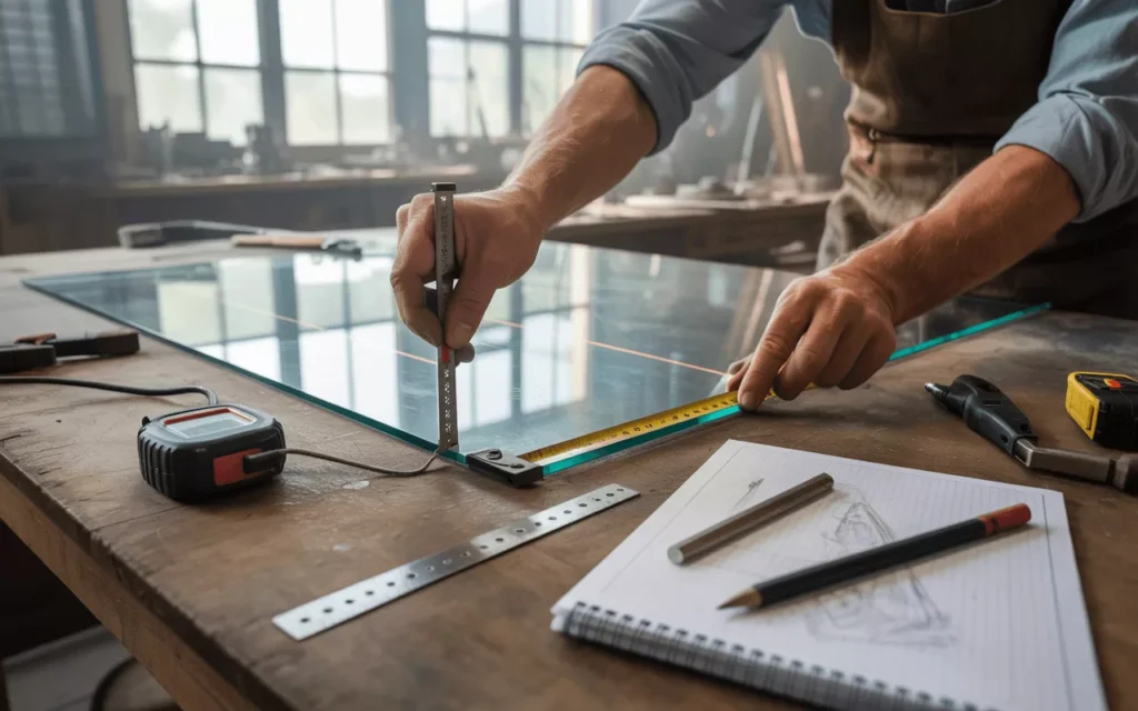 Hands carefully measuring a panel for custom cut glass with tape, level, and tools on a bright, organized workspace.