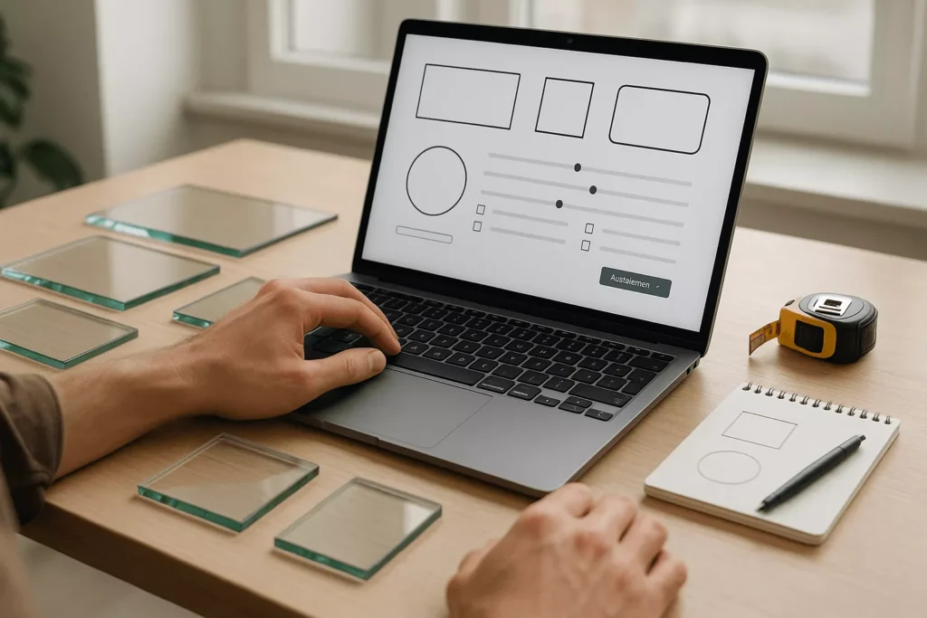 Person using a laptop with glass samples and tools nearby to order custom cut glass through an online configurator.